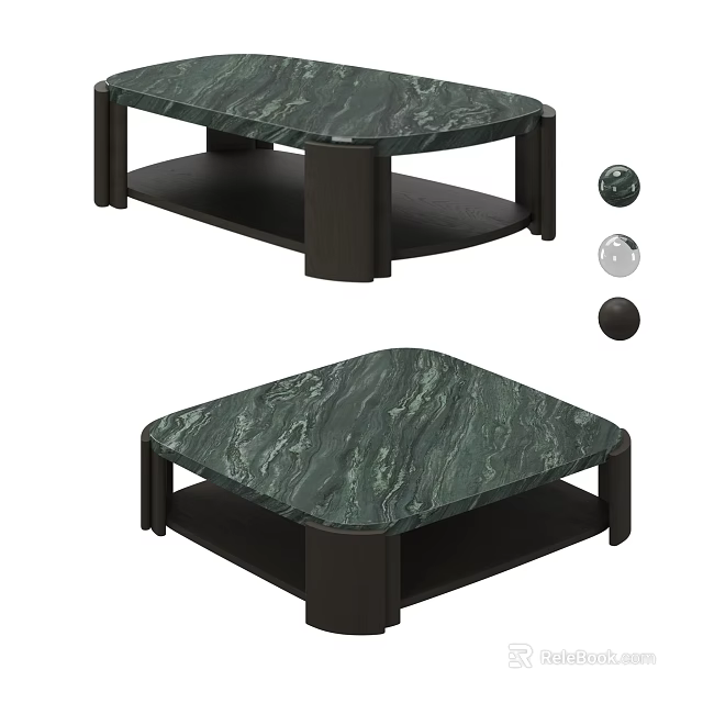 Dark Green Marble Coffee Table With Lower Shelf And Modern Design 3d model