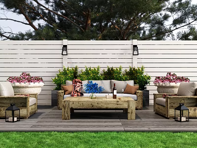 Cozy Wooden Outdoor Sofa Set With Coffee Table Plants And Lanterns In Patio Garden 3d model