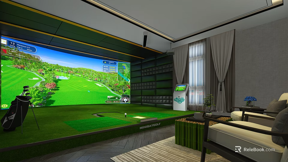 Luxury Clubhouse Indoor Golf Experience With Large Screen Green Lawn And Seating 3d model 