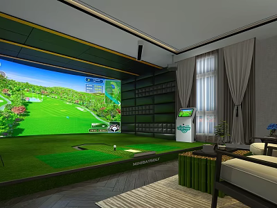 Luxury Clubhouse Indoor Golf Experience With Large Screen Green Lawn And Seating 3d model