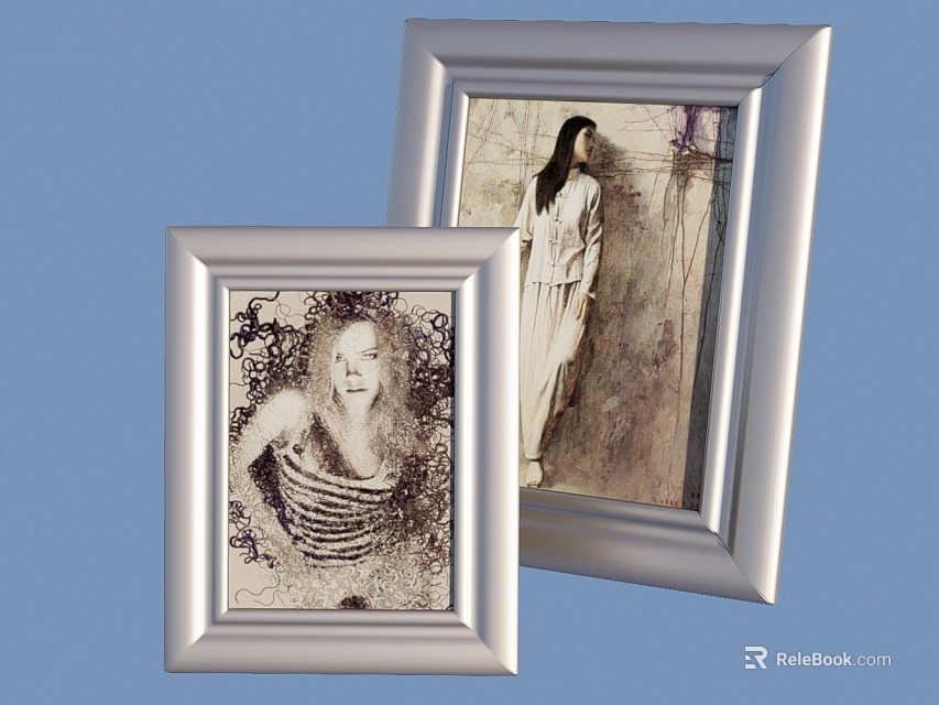 Two Silver Photo Frames Displaying Women Portraits On Blue Background 3d model 