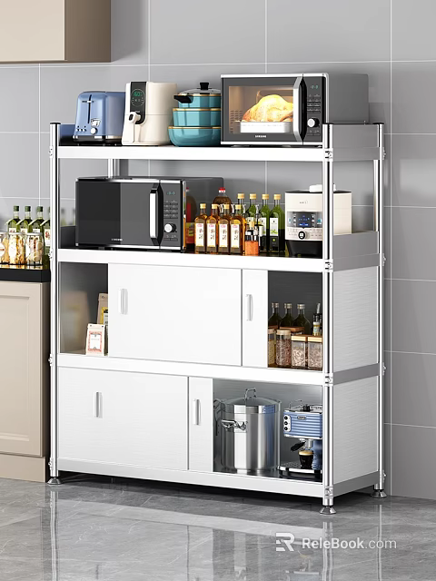 White Kitchen Storage Cabinet With Microwave Wine Bottles And Spice Organizer 3d model 