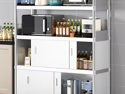 White Kitchen Storage Cabinet With Microwave Wine Bottles And Spice Organizer 3d model
