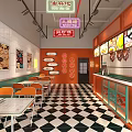 Vibrant Restaurant Interior With Colorful Ceiling Orange Counter Green Walls And Wooden Tables