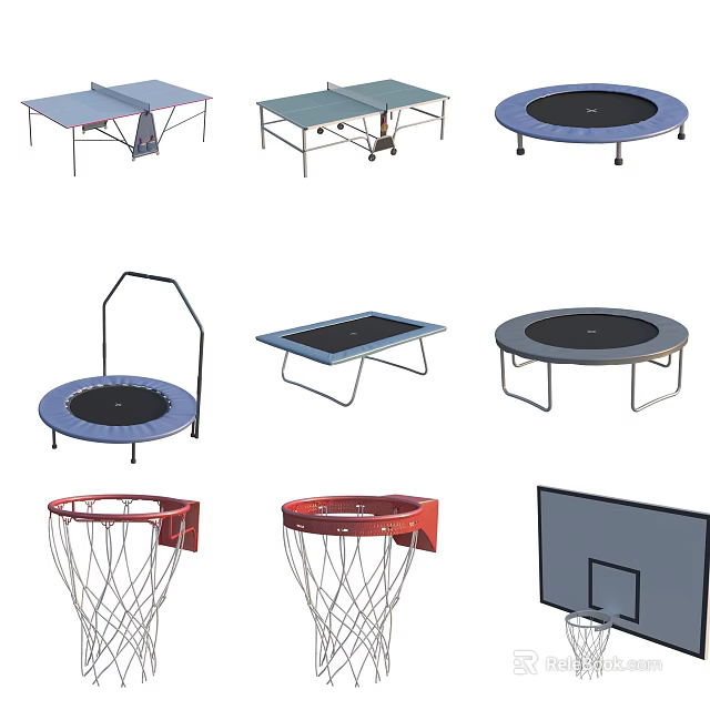 Sports Equipment Collection Including Table Tennis Tables Trampolines Basketball Hoops And Backboards 3d model 