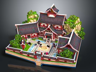 Cartoon Scene Of Traditional Chinese Architecture Courtyard With Curved Roofs Green Plants And Decorative Figures 3d model