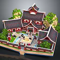 Cartoon Scene Of Traditional Chinese Architecture Courtyard With Curved Roofs Green Plants And Decorative Figures