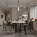 Modern Living and Dining Room Interior With Beige Sofa Round Coffee Table Chandelier Dining Table