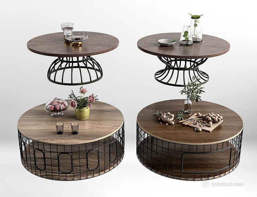 Modern Round Coffee Tables Wooden Top Metal Frame With Decorative Glasses Fruits Plants 3d model 