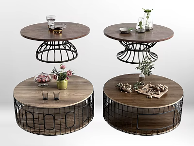 Modern Round Coffee Tables Wooden Top Metal Frame With Decorative Glasses Fruits Plants 3d model