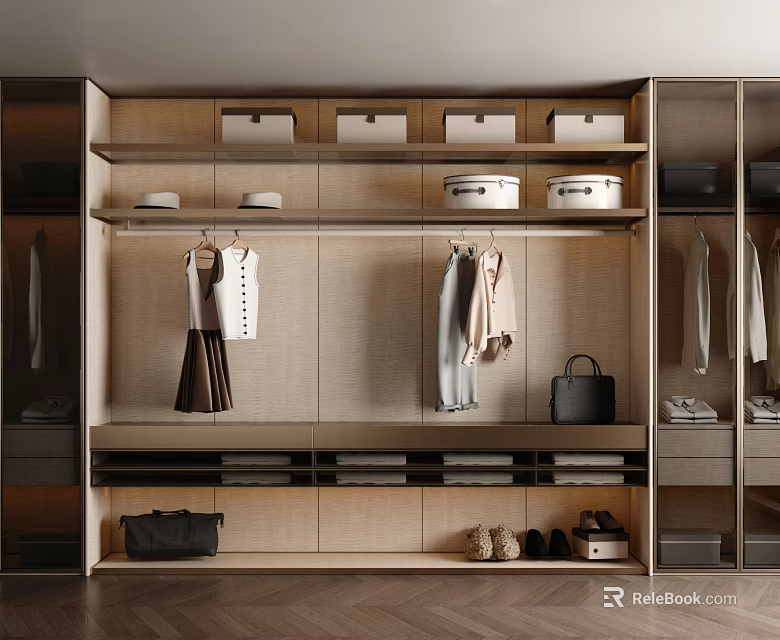 Modern Wooden Wardrobe Interior With Hanging Clothes Storage Boxes Drawers Shoes And Bags 3d model 