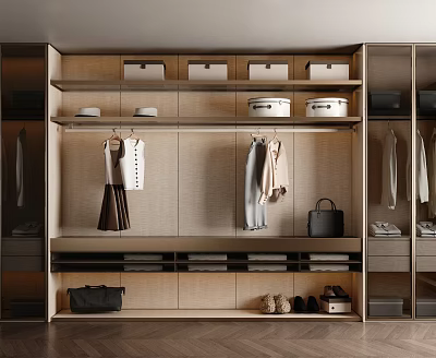 Modern Wooden Wardrobe Interior With Hanging Clothes Storage Boxes Drawers Shoes And Bags 3d model