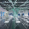 Futuristic Tech Interior With Glowing Green Line Structure Ceiling Circuit Patterns And Geometric Floor 3d model