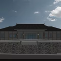 Industrial Factory Building With Metal Exterior Wall Stone Base Large Windows Street Lamp Green Lawn