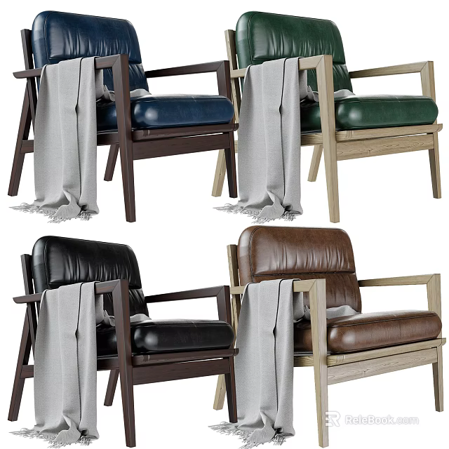 Multi Colored Leather Leisure Chairs With Wooden Frames And Gray Blankets Draped 3d model