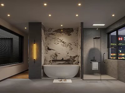 Modern Bathroom Interior Design With Freestanding Bathtub Shower Textured Wall Recessed Lights And Window Blinds 3d model