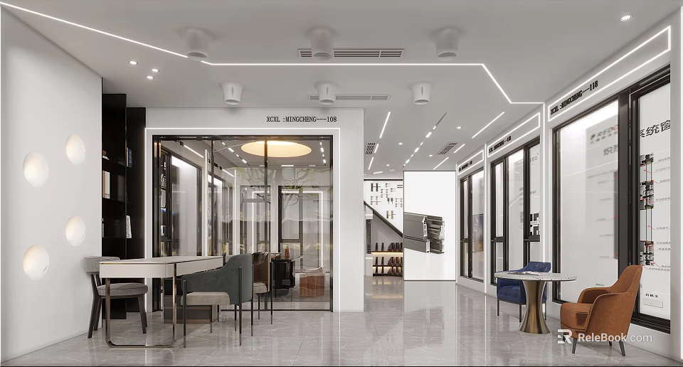 Modern Store Interior With Glass Doors Display Shelves And Seating Furniture 3d model 