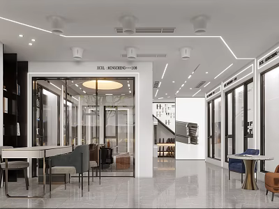 Modern Store Interior With Glass Doors Display Shelves And Seating Furniture 3d model