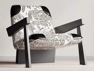 Modern Leisure Chair Featuring Black Leather Armrests Black White Patterned Fabric And Dark Wooden Legs 3d model