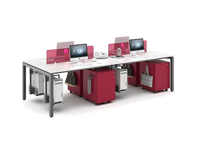 Modern Office Desk With White Tabletop Red Storage Cabinets And Computers 3d model