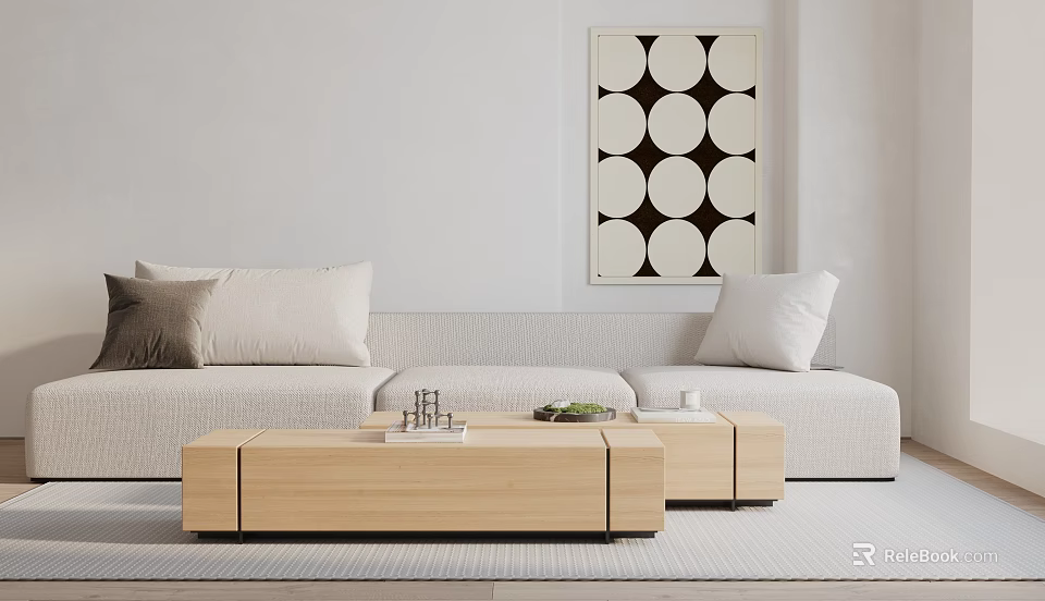 Modern Three-Seater Sofa in Light Color with Cushions Wooden Coffee Table and Geometric Wall Art 3d model 