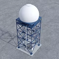 Military Weapon Radar Tower With White Spherical Dome Blue Metal Structure And Staircase