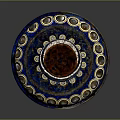 Blue Ceramic Decorative Bottle With Red Cork Stopper And Geometric Patterns
