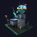Cartoon Scene With 24h Cafe Neon Sign Green Guitar Old House And Platform Steps