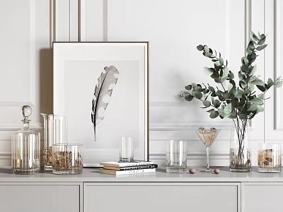 Decorative Ornament Set with Feather Wall Art Green Plant Glassware and Books on White Cabinet 3d model