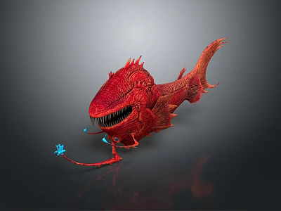Red Mythical Fish Like Creature With Sharp Teeth Long Tail And Glowing Blue Appendages 3d model