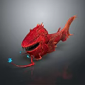 Red Mythical Fish Like Creature With Sharp Teeth Long Tail And Glowing Blue Appendages 3d model
