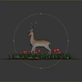Deer Standing On Circular Area With Green Grass Red Flowers Against Gray Background