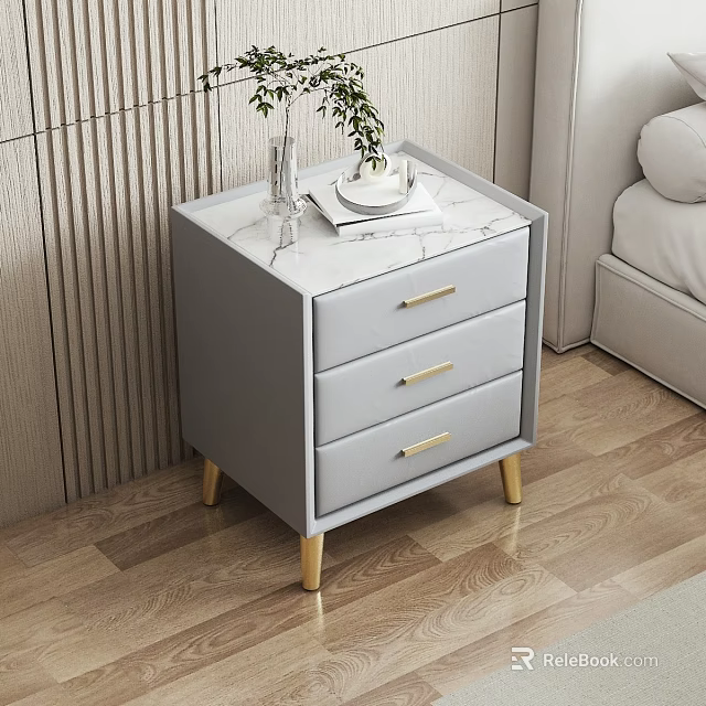 Gray Bedside Table With Marble Top Gold Handles And Gold Legs 3d model 