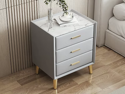 Gray Bedside Table With Marble Top Gold Handles And Gold Legs 3d model