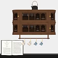Wooden Kitchen Wall Cabinet With Glass Doors Holding Storage Jars And Hanging Mugs