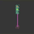 Modern Traffic Light With Three Signal Lamps On Metal Pole And Concrete Base