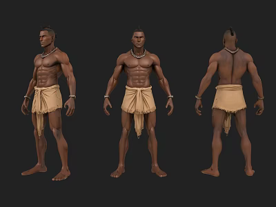 Muscular Shirtless Man With Loincloth And Necklace Three Front Side Back Views 3d model