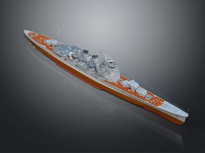 Detailed Warship Model With Orange And Gray Deck And Turret Structures 3d model
