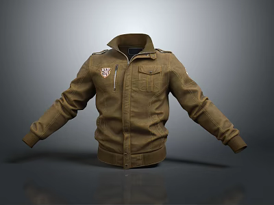 Brown Utility Jacket Featuring Stand-Up Collar Front Zipper Chest Pockets And Embroidered Patch 3d model
