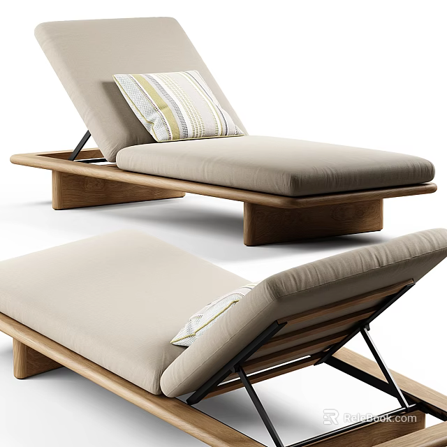Light Beige Upholstered Lounge Chair With Wooden Frame And Striped Pillow Design 3d model 