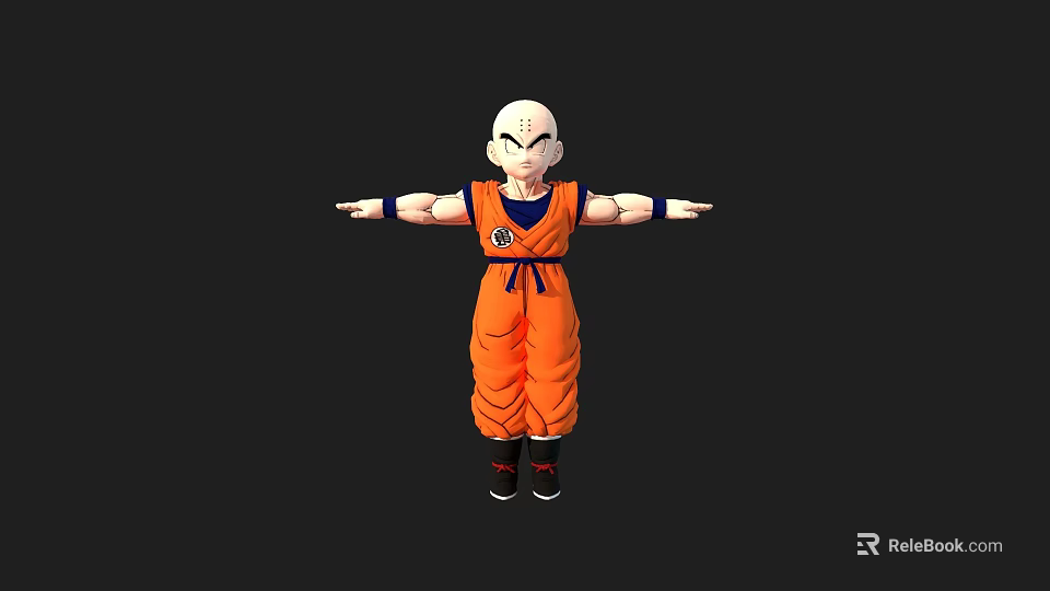Bald Head Anime Game Character Krillin In Orange Martial Arts Uniform With Arms Outstretched 3d model 