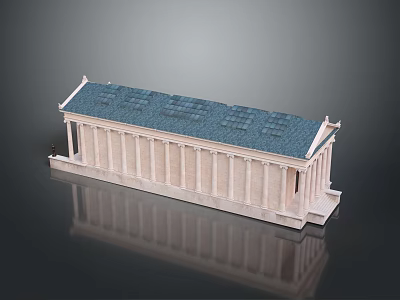 Cartoon Style Ancient Greek Temple Scene With White Columns Blue Roof And Reflection 3d model