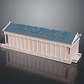 Cartoon Style Ancient Greek Temple Scene With White Columns Blue Roof And Reflection