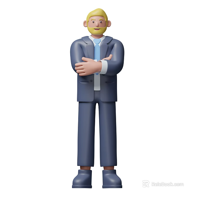 Man In Blue Suit With Tie Standing With Arms Crossed In Formal Attire 3d model 