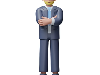 Man In Blue Suit With Tie Standing With Arms Crossed In Formal Attire 3d model