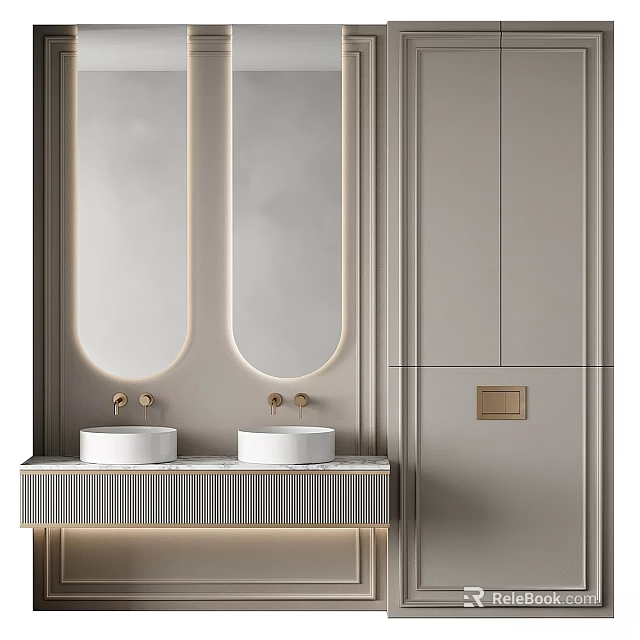 Modern Bathroom Vanity With Double Sinks Oval Mirrors Integrated Lighting And Cabinets 3d model 