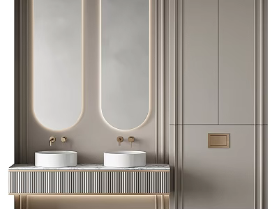 Modern Bathroom Vanity With Double Sinks Oval Mirrors Integrated Lighting And Cabinets 3d model
