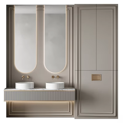 Modern Bathroom Vanity With Double Sinks Oval Mirrors Integrated Lighting And Cabinets 3d model