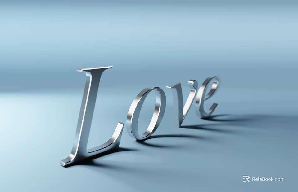 Shiny 3D Metallic Love Word Design with Blue Background and Shadow Effect 3d model 