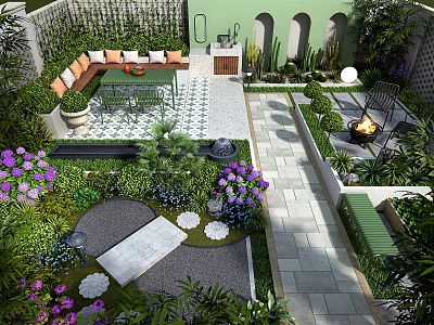 Lush Garden Landscape Design With Outdoor Seating Vibrant Flowers And Stone Pathways 3d model